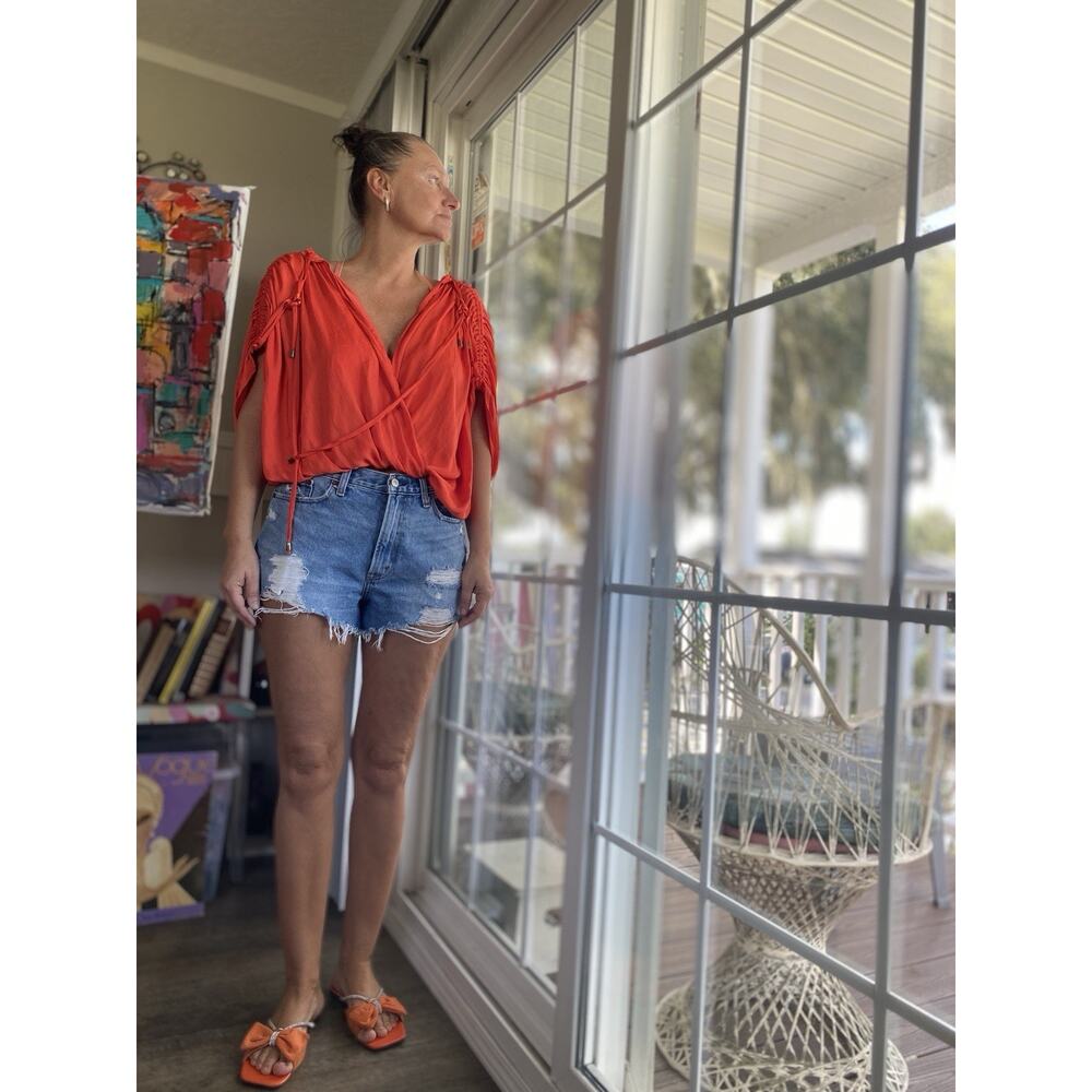 Free People Orange Boho Blouse M Tie Neck Peekaboo Back